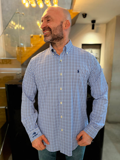 Camisa Polo R.L hombre Algodón Performance Cuadros Azules Con Blanco Caballo Azul