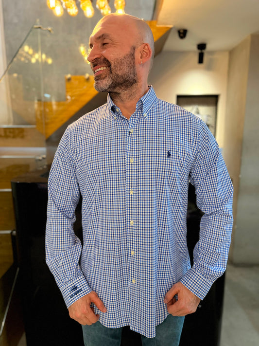 Camisa Polo R.L hombre Algodón Performance Cuadros Azules Con Blanco Caballo Azul