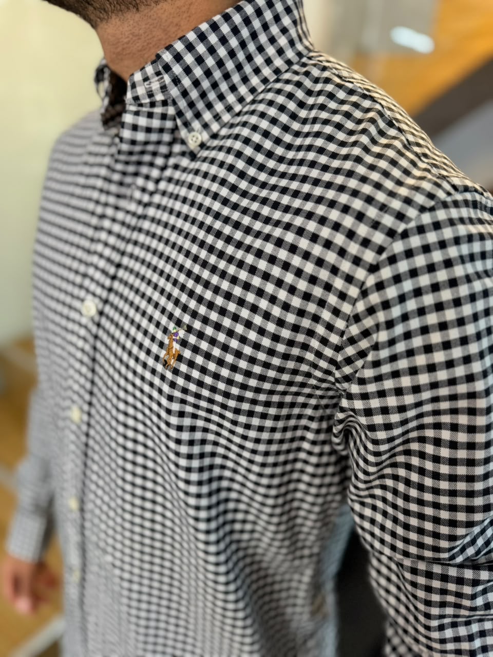 Camisa Polo R.L hombre Oxford Cuadros Negros con Blanco Caballo Multicolor