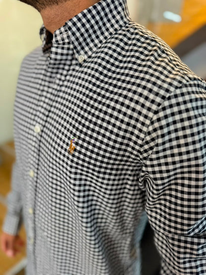 Camisa Polo R.L hombre Oxford Cuadros Negros con Blanco Caballo Multicolor