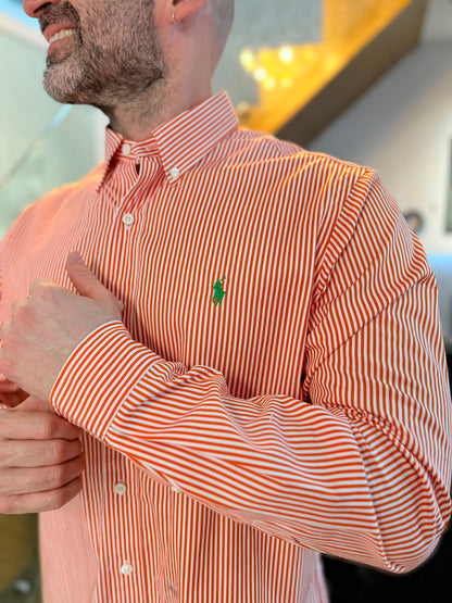 Camisa Polo R.L hombre Algodón Rayas Naranjas Con Blanco Caballo Verde