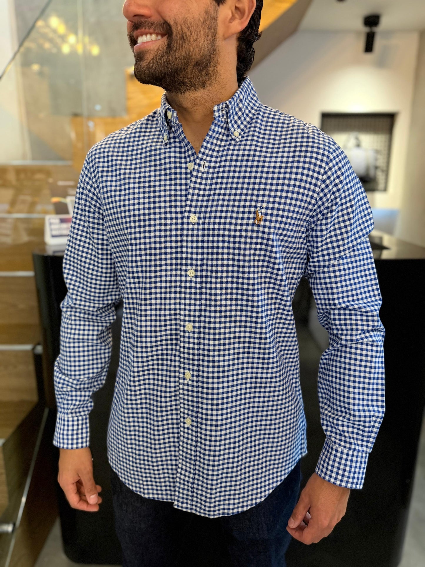 Camisa Polo R.L hombre Oxford Cuadros Azules Con Blanco Caballo Multicolor