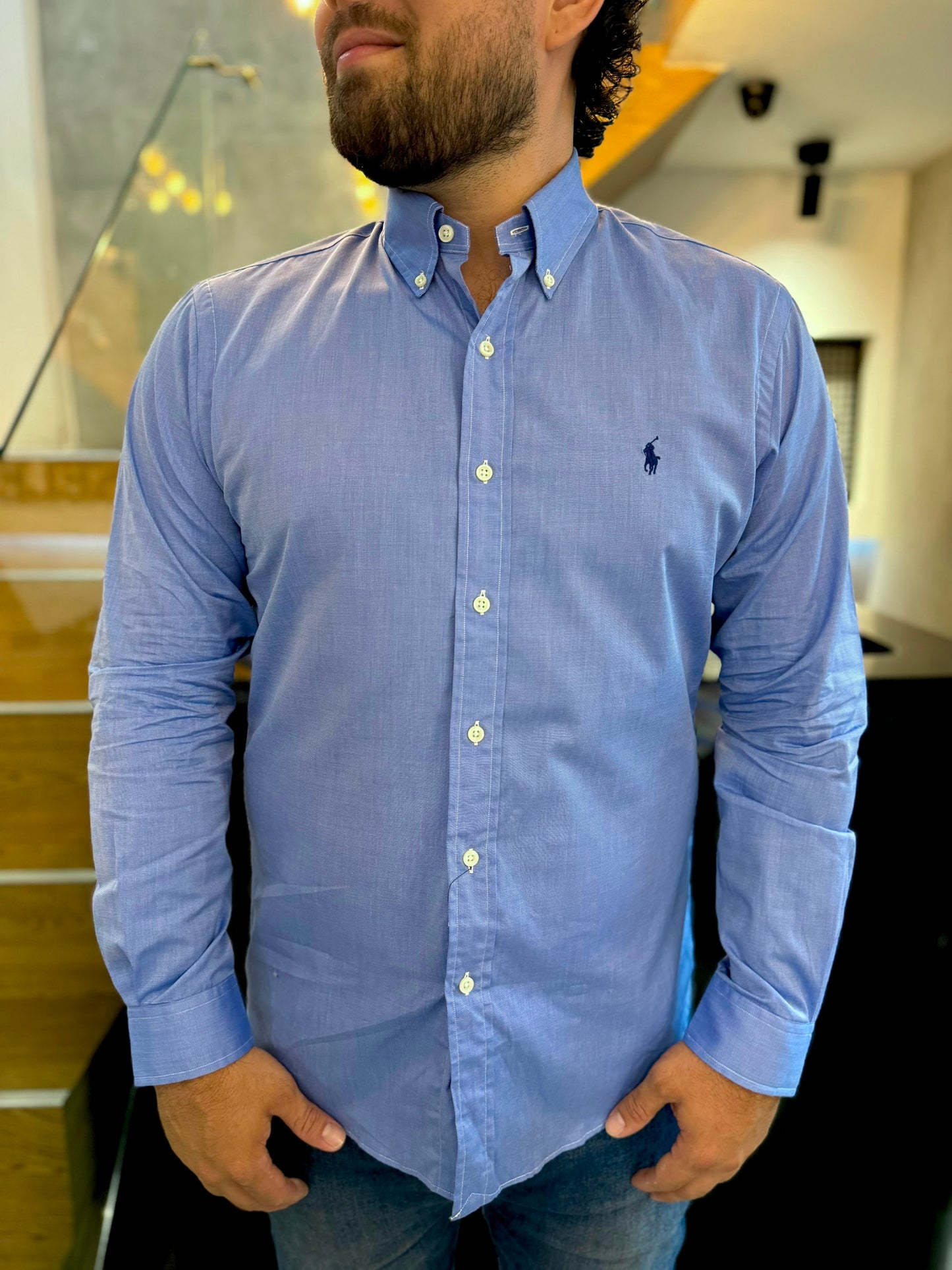 Camisa Polo R.L hombre Algodón Slim fit Celeste Caballo Azul