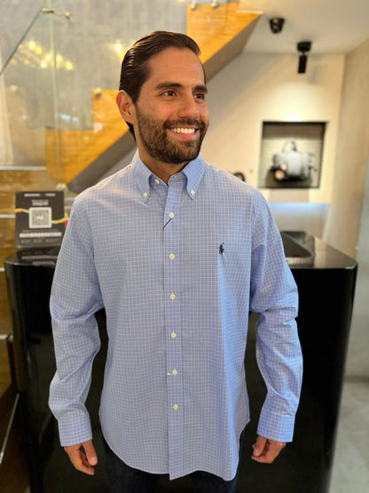 Camisa Polo R.L hombre Algodón Cuadros Celestes Caballo Azul