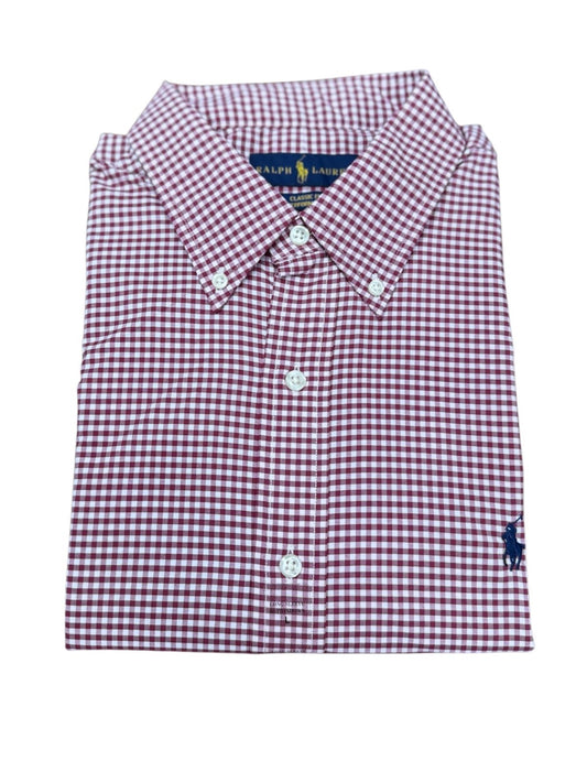 Camisa Polo R.L hombre Algodón Cuadros Vinotinto Caballo Azul