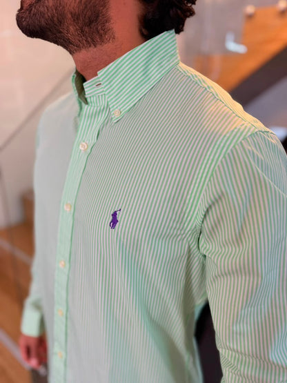 Camisa Polo R.L hombre Algodón Rayas Verdes Limón  Con Blanco Caballo Morado