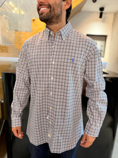 Camisa Polo R.L hombre Algodón Cuadros Grises Con Rosado Caballo Azul Bebe