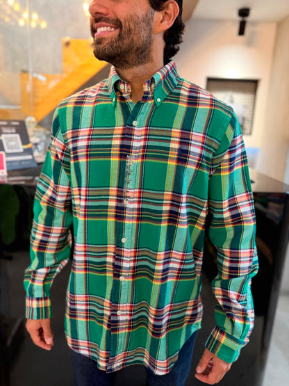 Camisa Polo R.L hombre Algodón Grueso Cuadros Verdes Caballo Azul