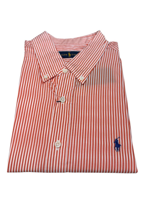Camisa Polo R.L hombre Algodón Rayas Naranjas Caballo Azul