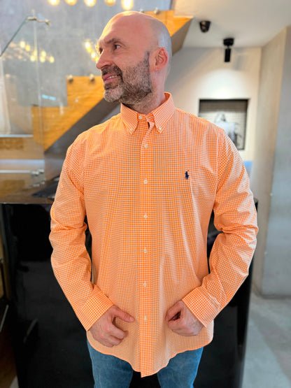 Camisa Polo R.L hombre Algodón Cuadros Naranjas Con Blanco Caballo Azul