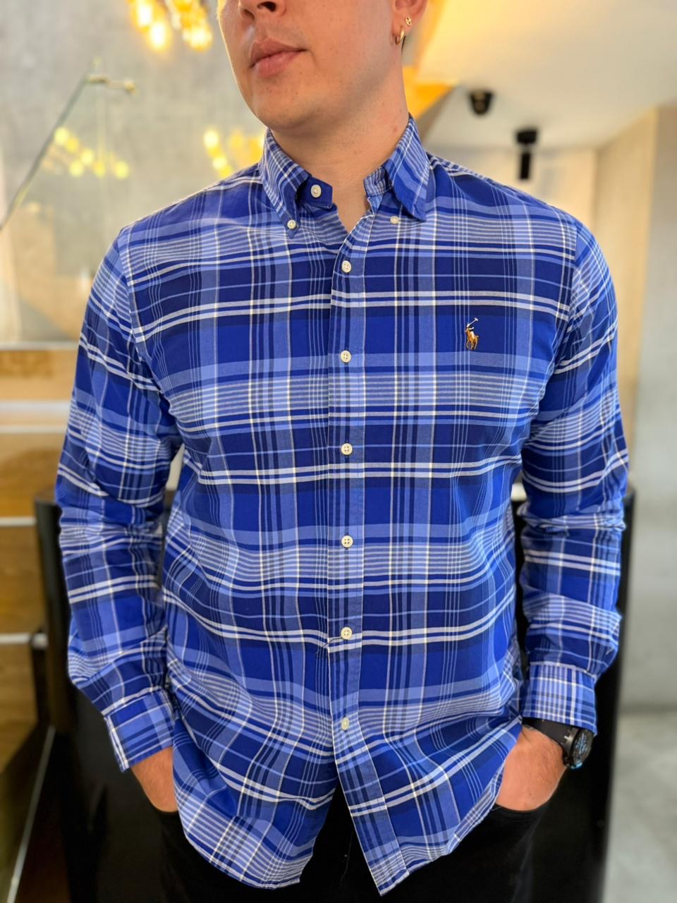 Camisa Polo R.L hombre Oxford Cuadros Azules Caballo Multicolor