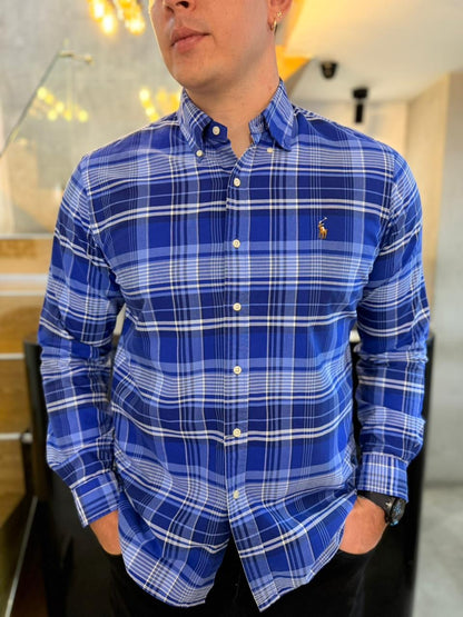 Camisa Polo R.L hombre Oxford Cuadros Azules Caballo Multicolor