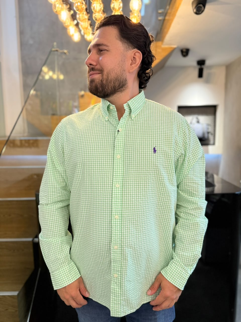Camisa Polo R.L hombre Galleta Cuadros Verdes Caballo Morado