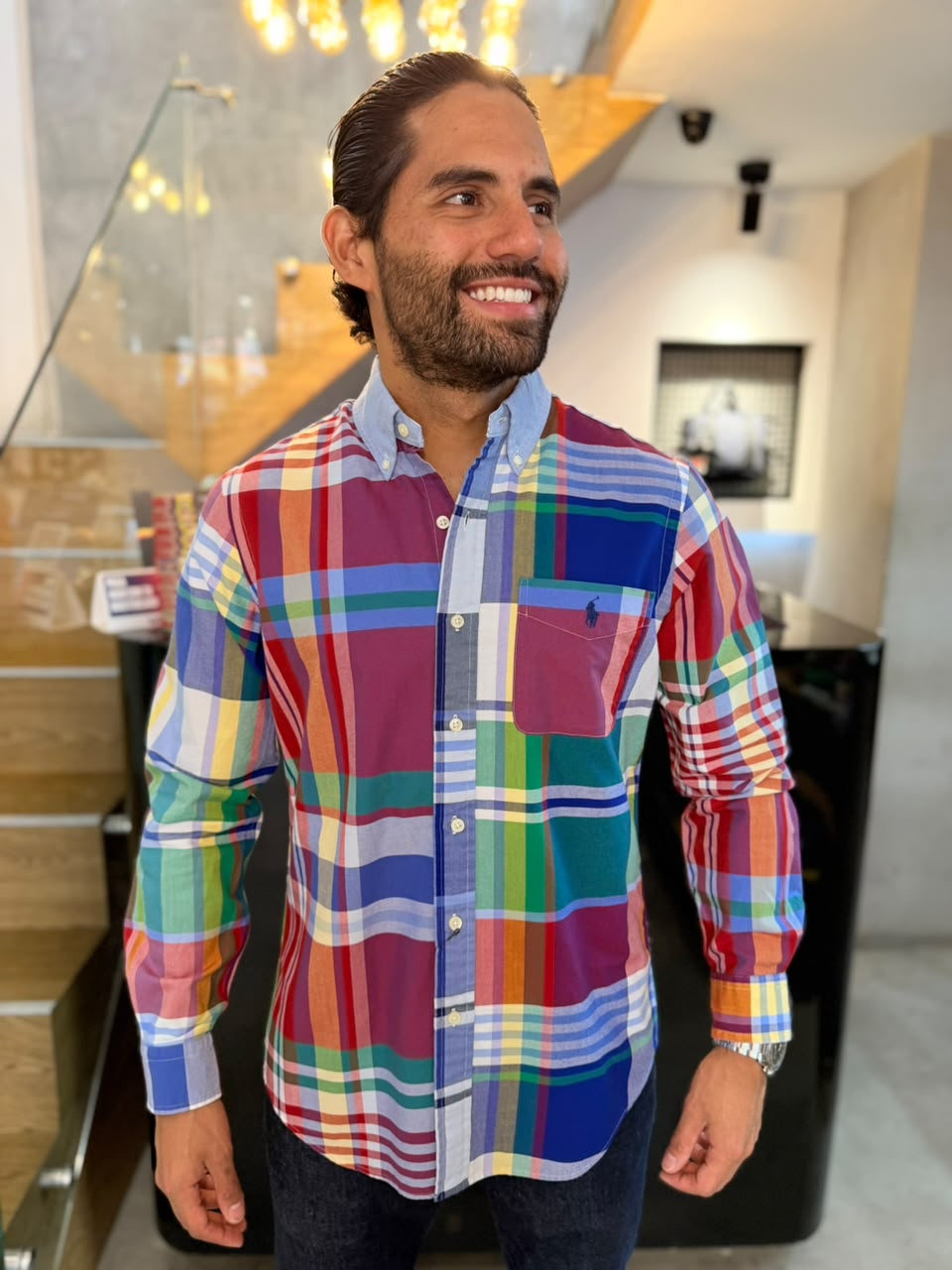 Camisa Polo R.L hombre Oxford Cuadros Colores Caballo Azul
