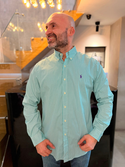 Camisa Polo R.L hombre Algodón Rayas Agua Marina Caballo Morado