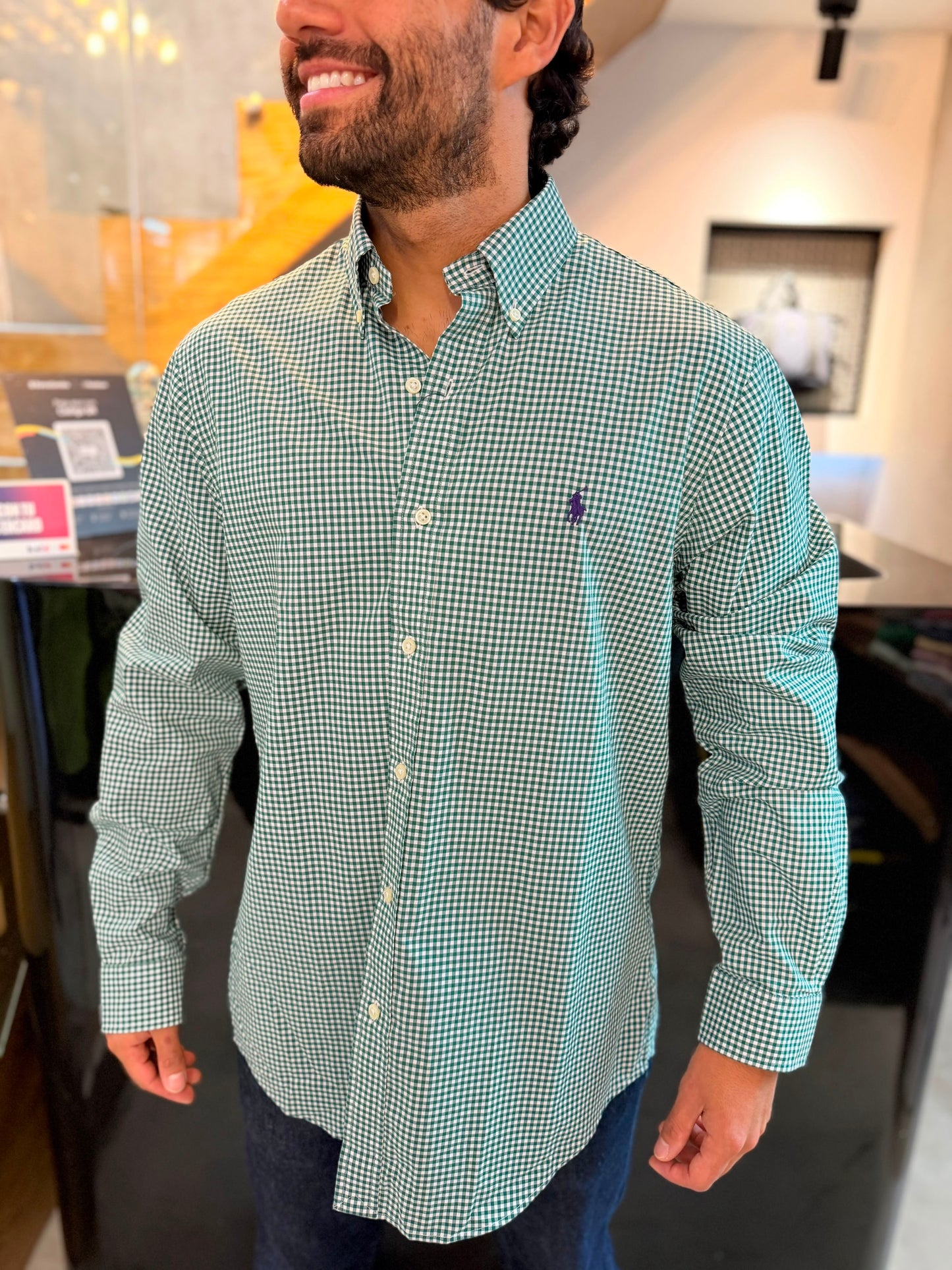 Camisa Polo R.L hombre Algodón Cuadros Verdes Con Blanco Caballo Morado