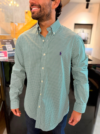 Camisa Polo R.L hombre Algodón Cuadros Verdes Con Blanco Caballo Morado