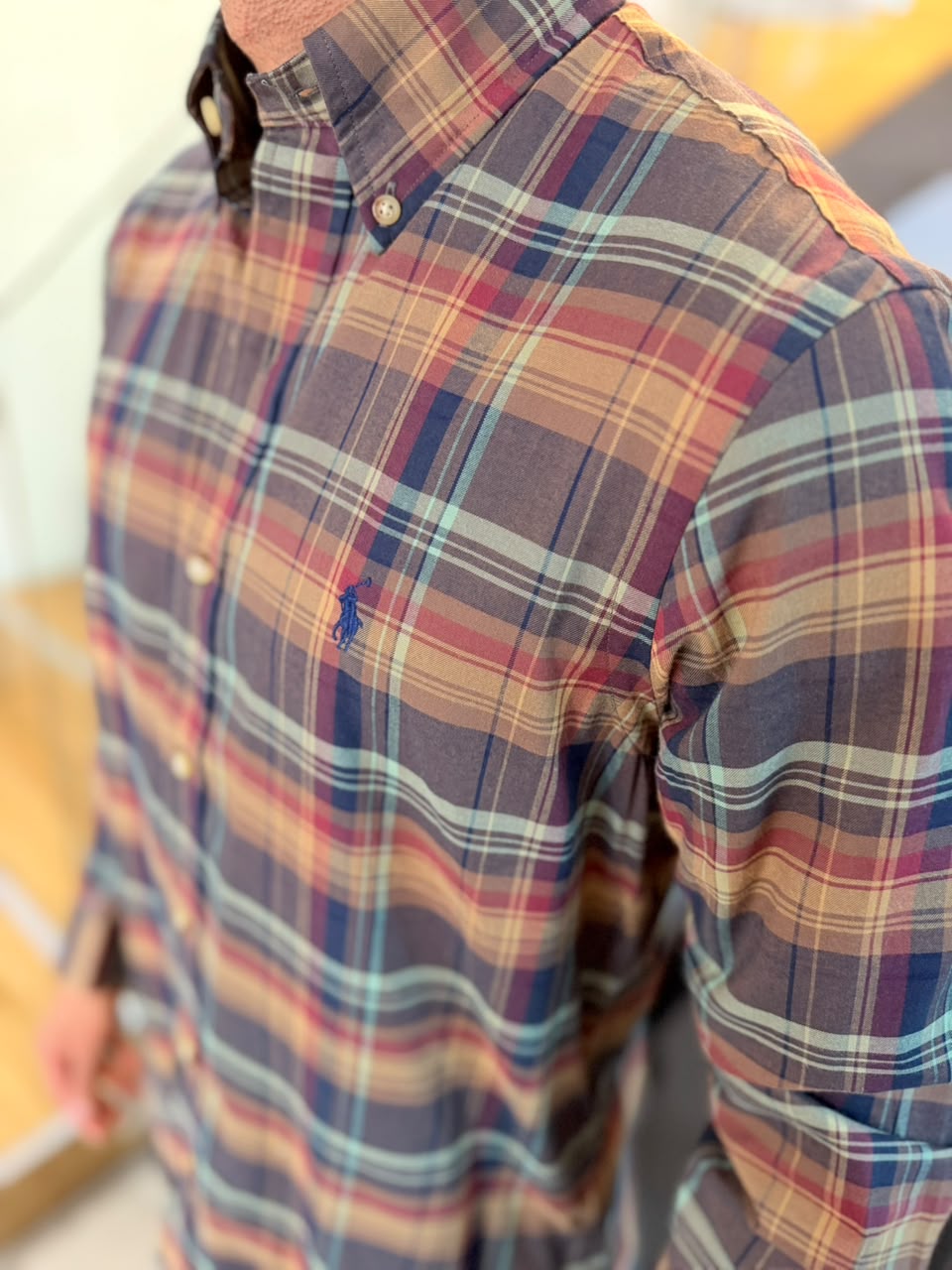 Camisa Polo R.L hombre Algodón Cuadros Café Claro Caballo Azul