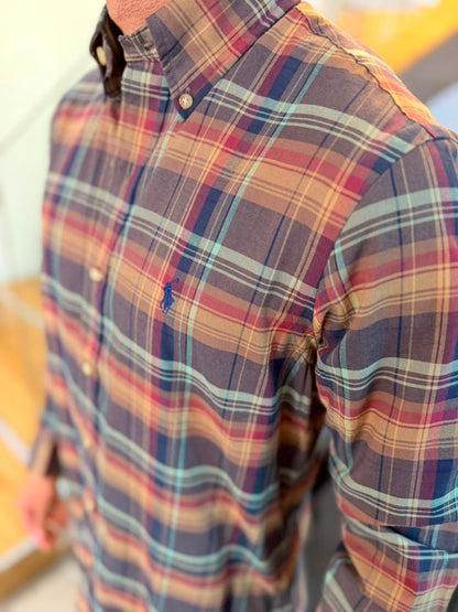 Camisa Polo R.L hombre Algodón Cuadros Café Claro Caballo Azul