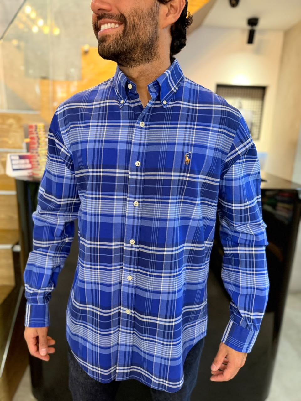 Camisa Polo R.L hombre Oxford Cuadros Azules Caballo Multicolor