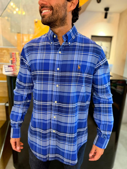 Camisa Polo R.L hombre Oxford Cuadros Azules Caballo Multicolor