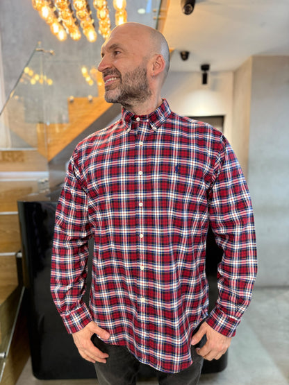 Camisa Polo R.L hombre Algodón Grueso Cuadros Rojos Con Blanco Caballo Azul
