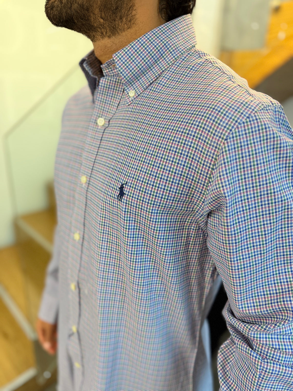 Camisa Polo R.L hombre Algodón Custom Fit Cuadros Caballo Azul