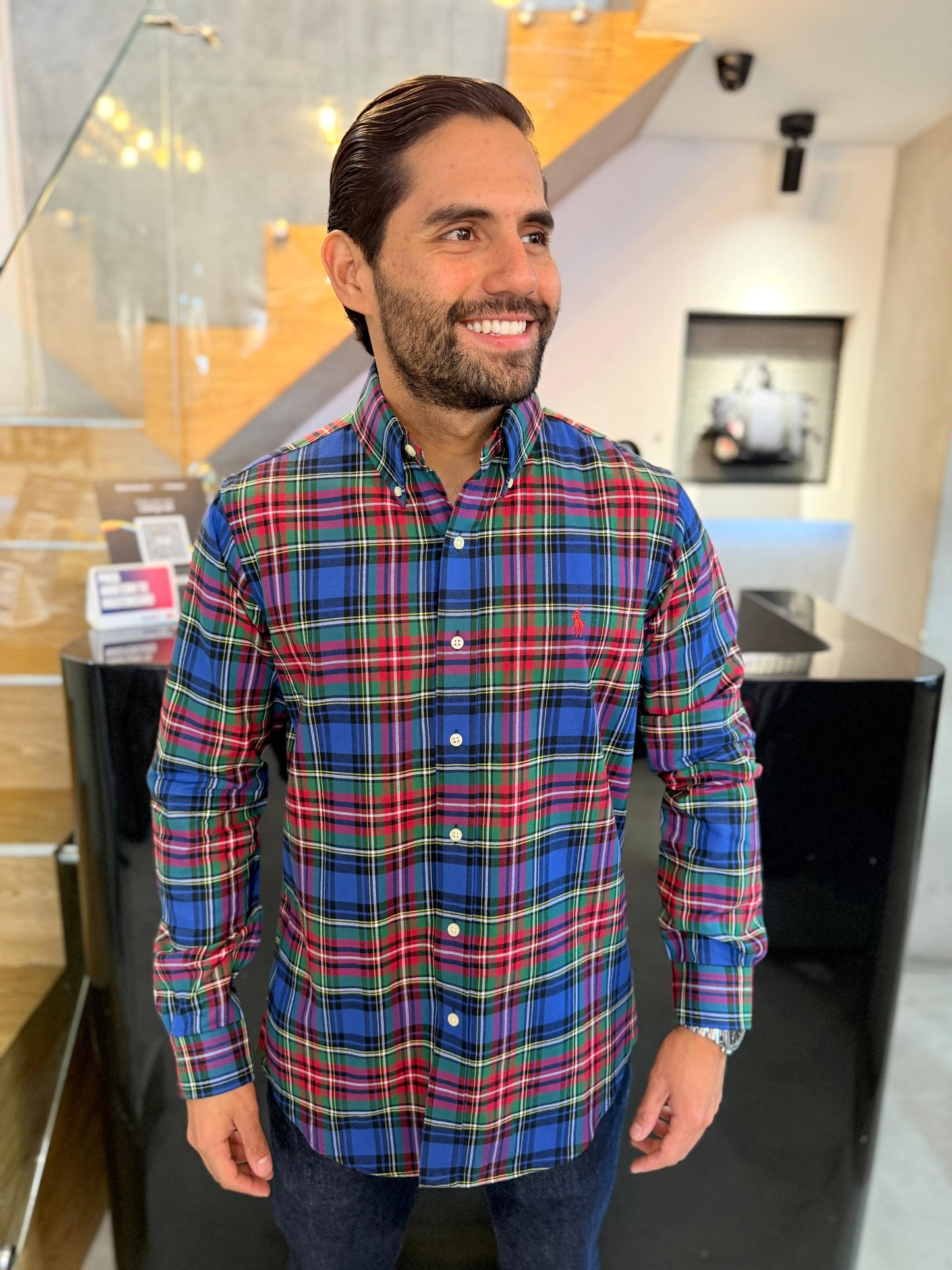 Camisa Polo R.L hombre Algodón Cuadros Rojos y Verdes Caballo Rojo
