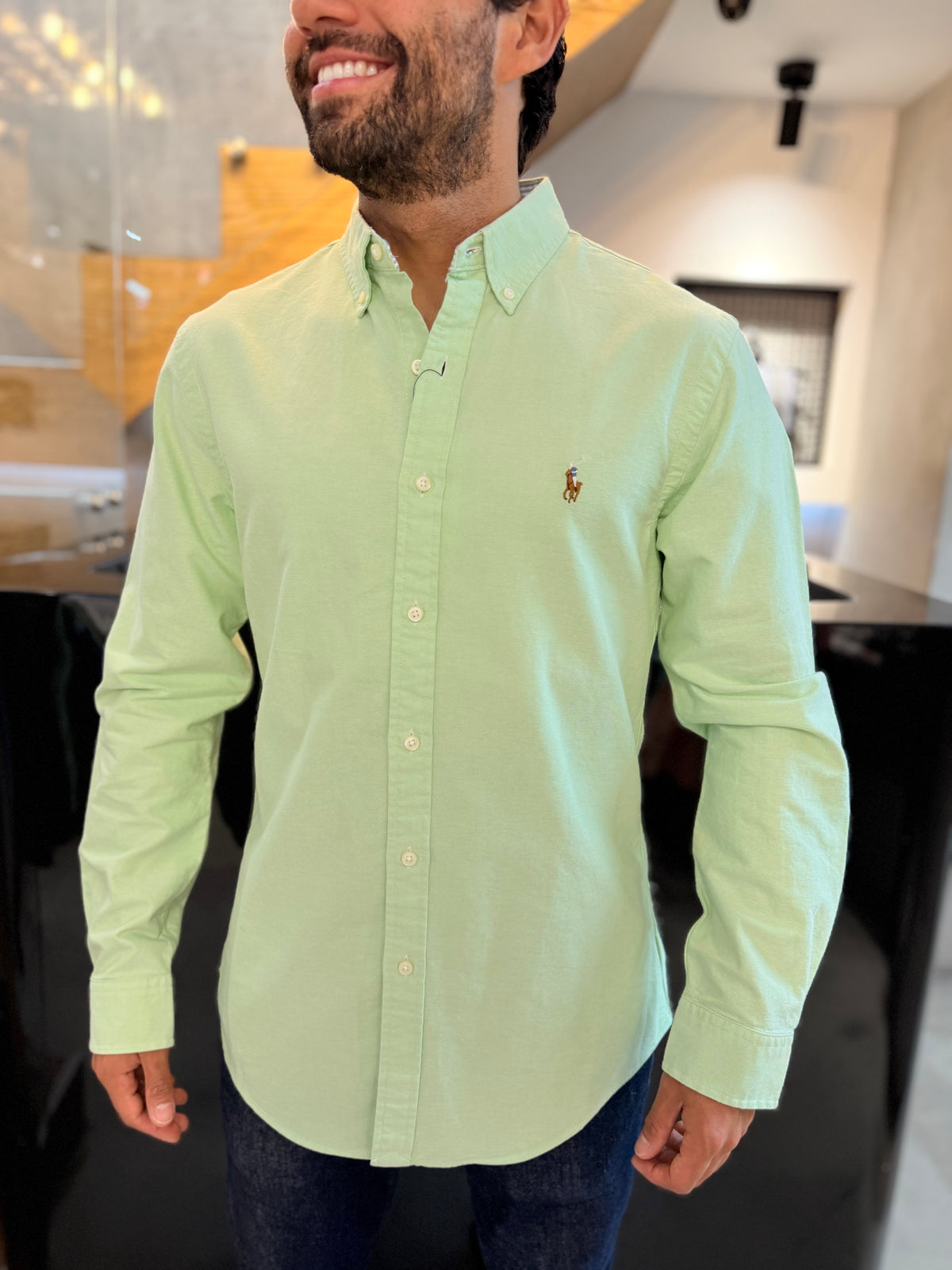 Camisa Polo R.L hombre Oxford Slim Fit Verde Pastel Caballo Multicolor