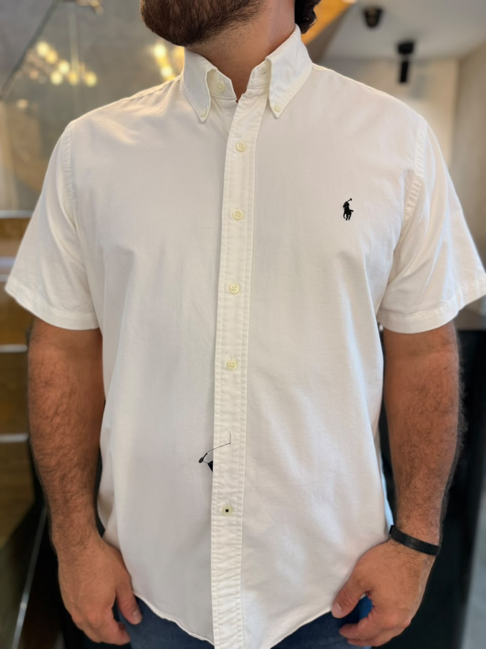 Camisa Polo R.L hombre Oxford Manga corta Blanca Caballo Negro