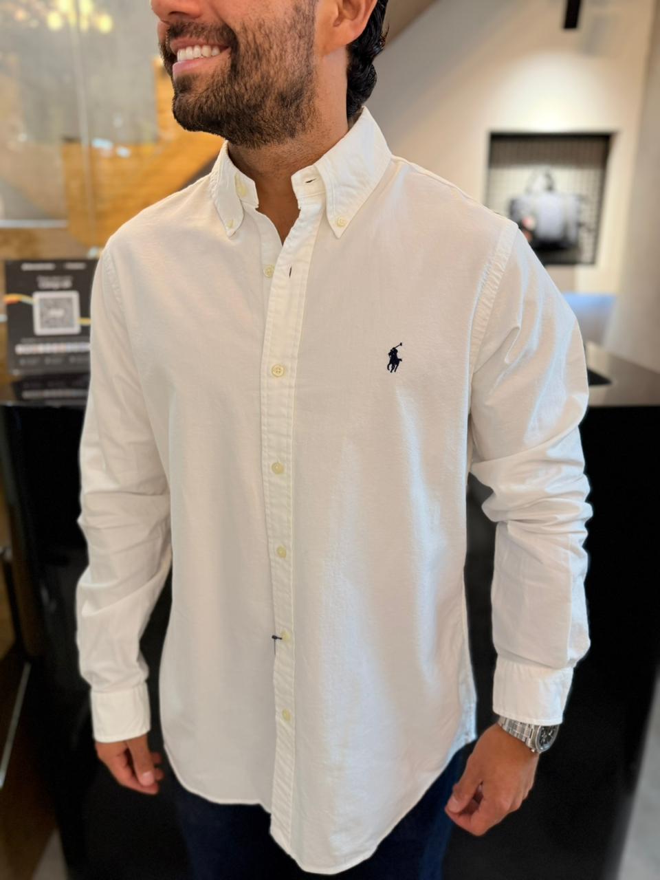 Camisa Polo R.L hombre Oxford Blanca Caballo Azul