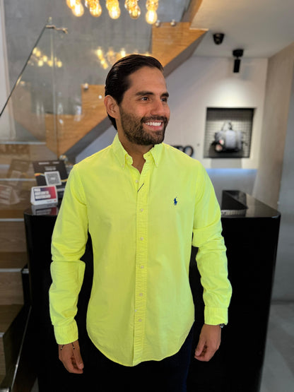 Camisa Polo R.L hombre Oxford Verde Neón Caballo Azul