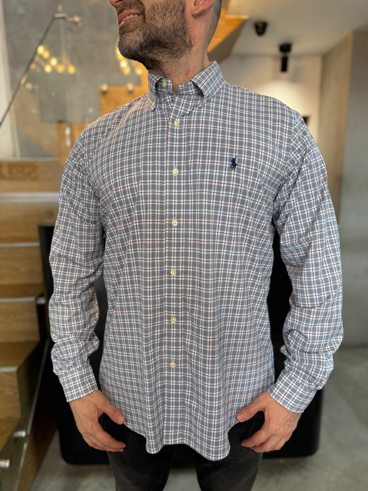 Camisa Polo R.L hombre Performance Cuadros Grises Con Blanco Caballo Azul