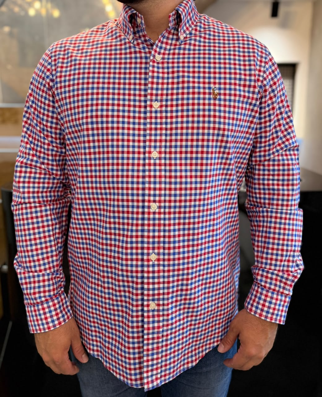 Camisa Polo R.L hombre Oxford Cuadros Rojos Caballo Multicolor