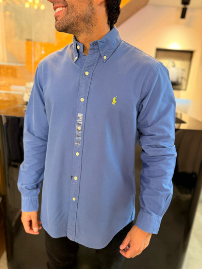 Camisa Polo R.L hombre Oxford Azul Caballo Amarillo