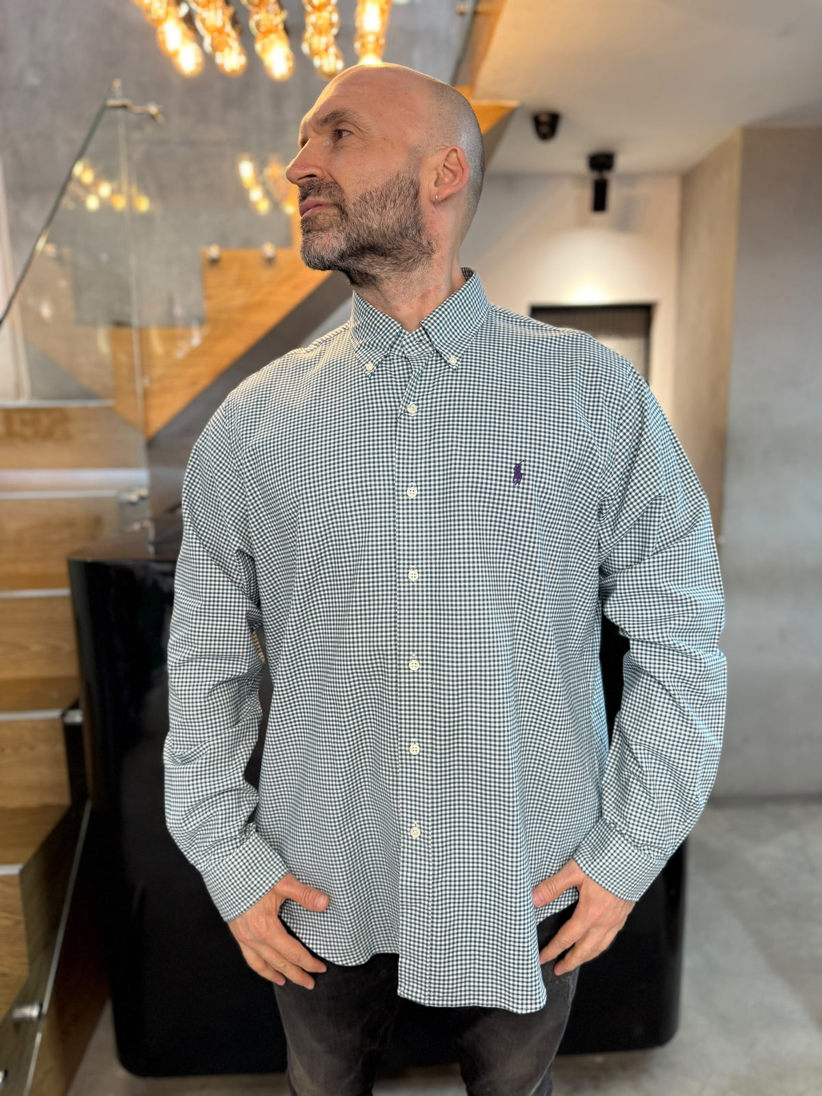 Camisa Polo R.L hombre Oxford Cuadros Verdes Con Blanco Caballo Morado