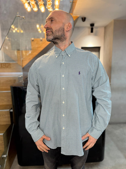 Camisa Polo R.L hombre Oxford Cuadros Verdes Con Blanco Caballo Morado