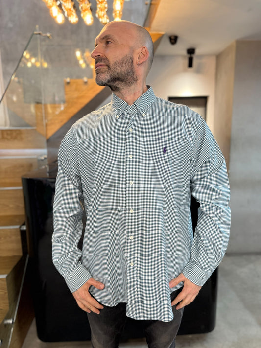 Camisa Polo R.L hombre Oxford Cuadros Verdes Con Blanco Caballo Morado