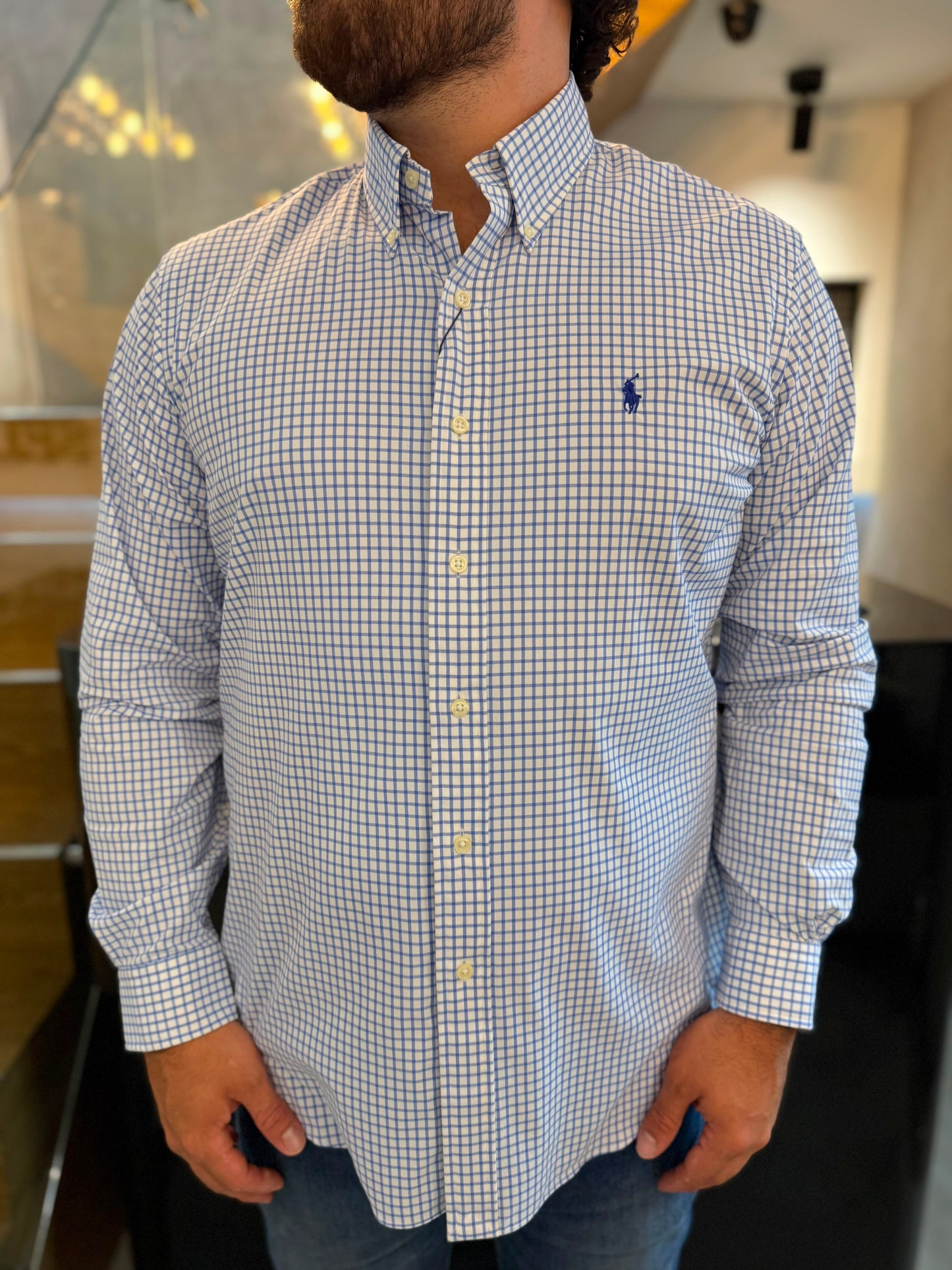 Camisa Polo R.L hombre Performance Cuadros Blancos Con Azul Caballo Azul