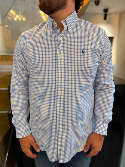 Camisa Polo R.L hombre Performance Cuadros Blancos Con Azul Caballo Azul