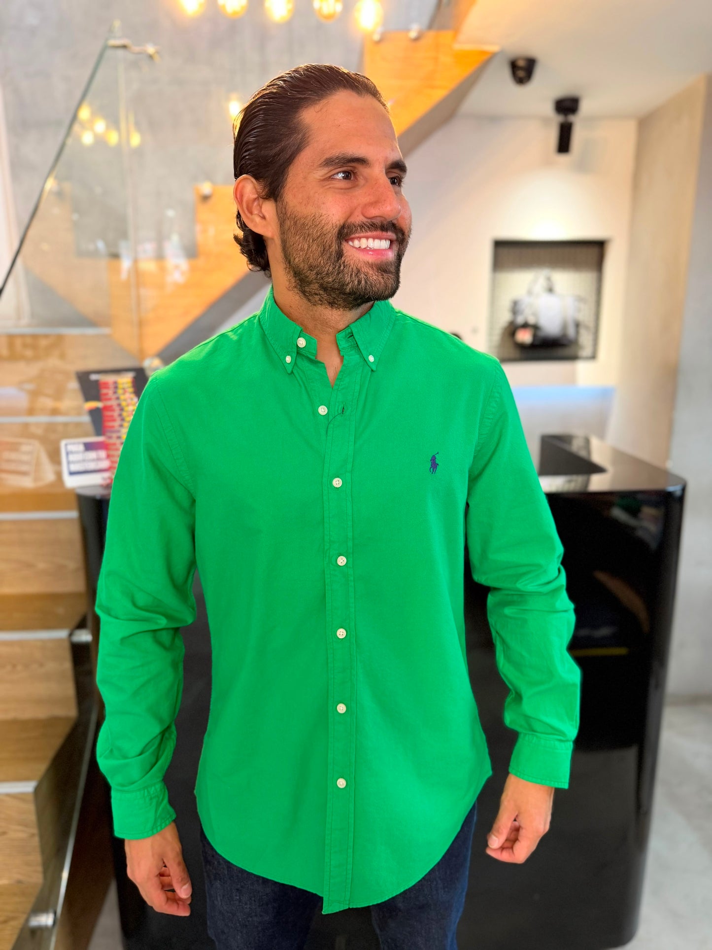 Camisa Polo R.L hombre Oxford Verde Caballo Uva
