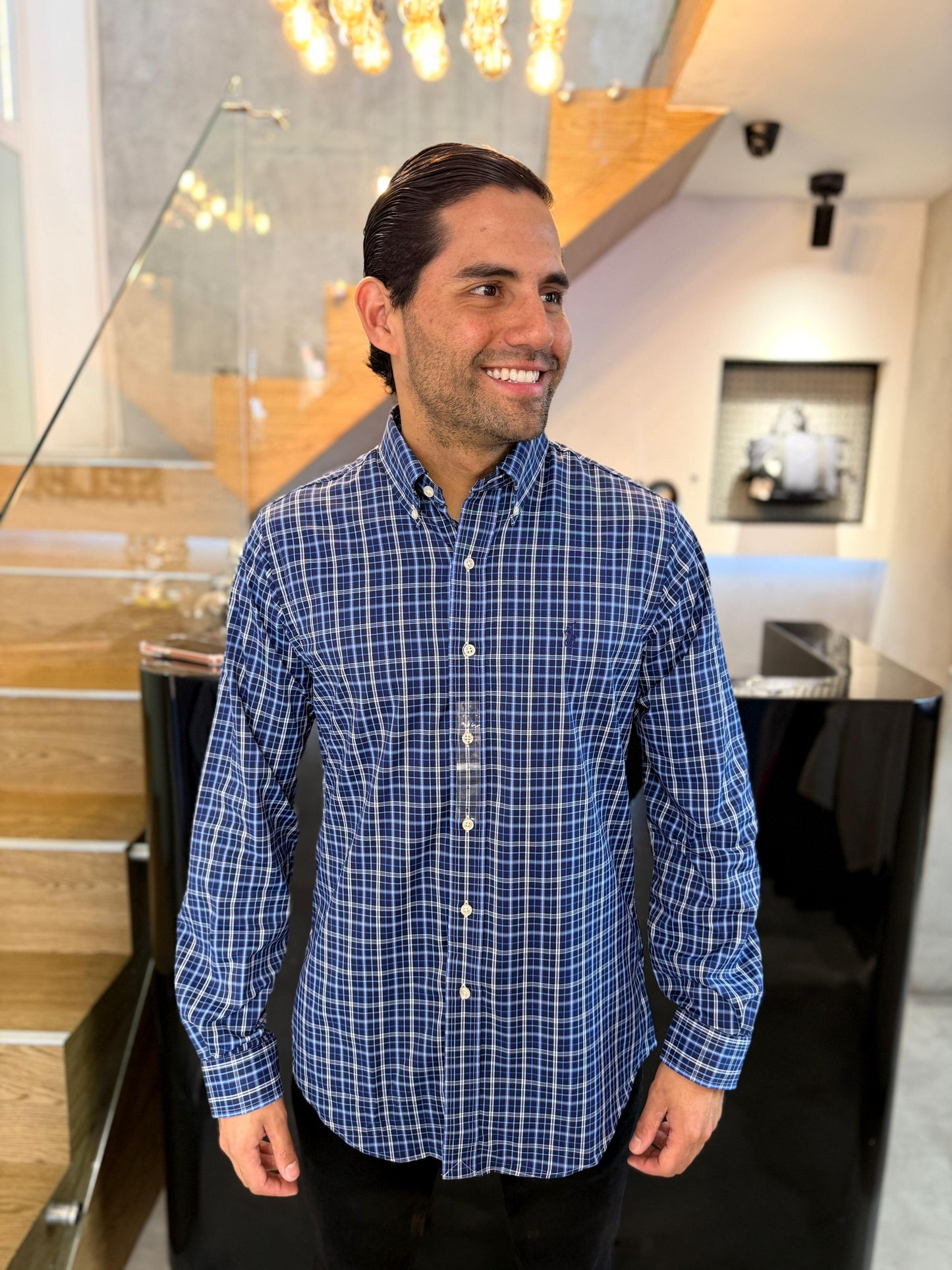 Camisa Polo R.L hombre Performance Cuadros Azules Caballo Azul