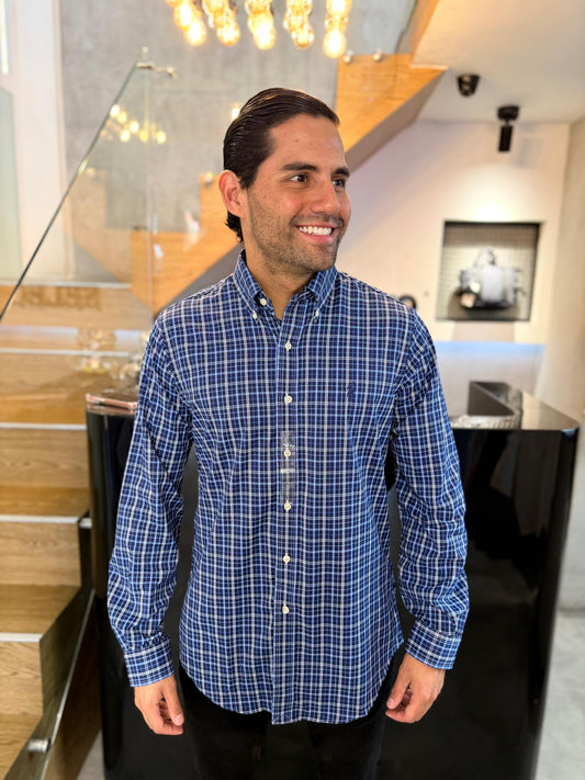Camisa Polo R.L hombre Performance Cuadros Azules Caballo Azul