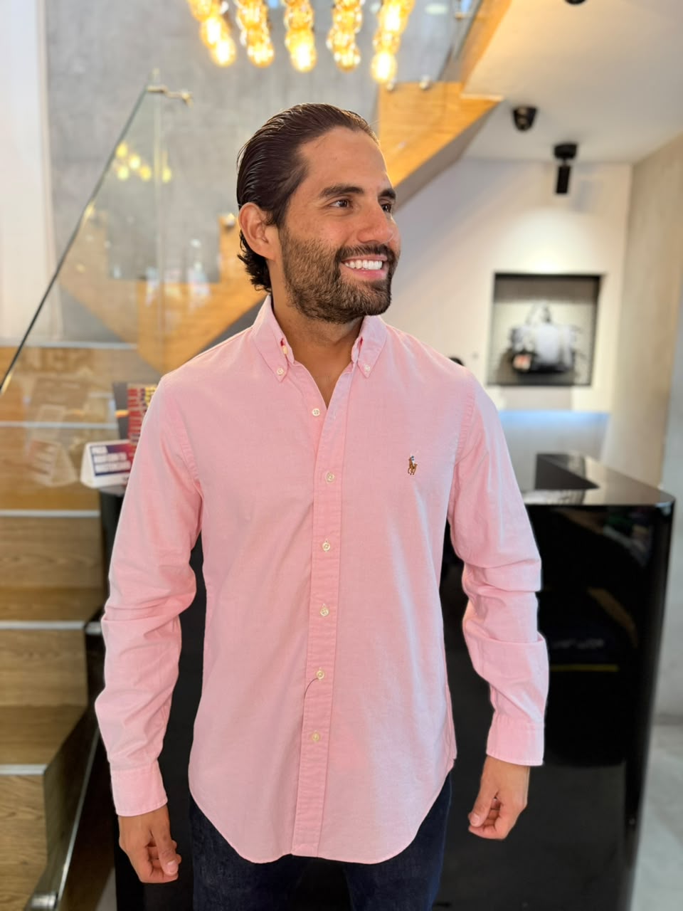 Camisa Polo R.L hombre Oxford Rosada Caballo Multicolor