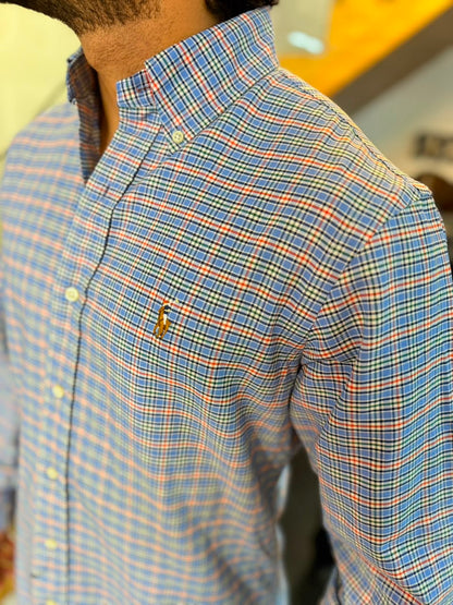 Camisa Polo R.L hombre Oxford Cuadros Celestes Caballo Multicolor