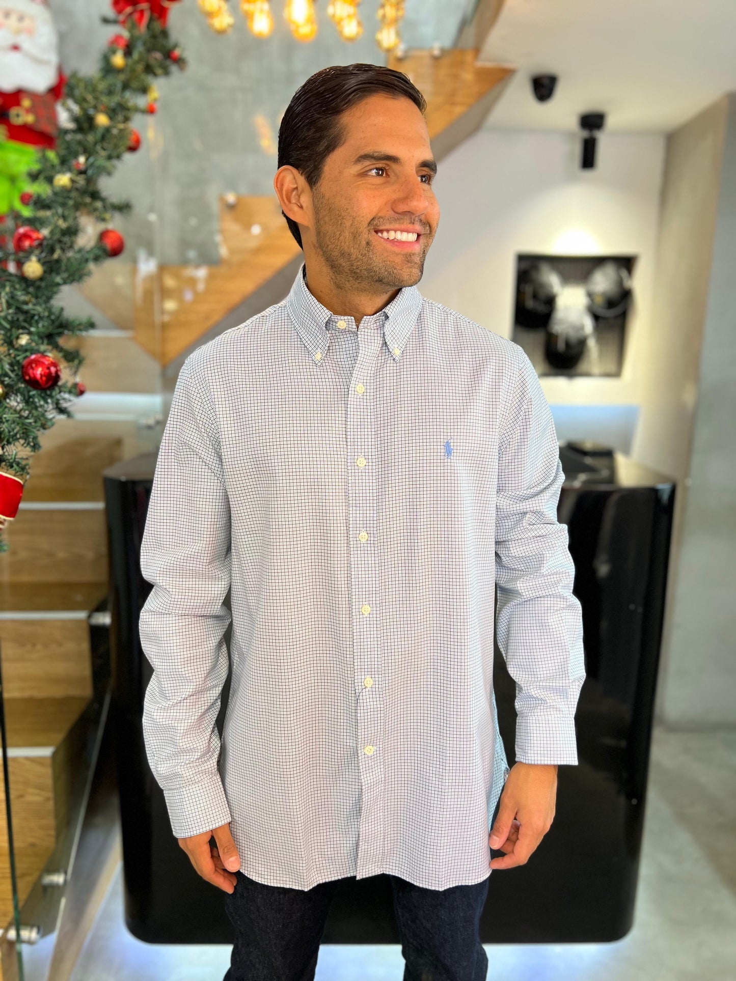 Camisa Polo R.L hombre Algodón Cuadros Caballo Celeste