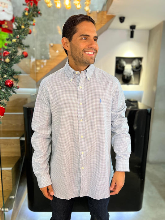 Camisa Polo R.L hombre Algodón Cuadros Caballo Celeste