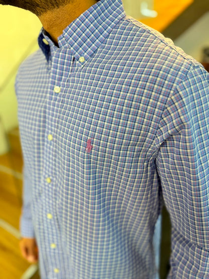 Camisa Polo R.L hombre Algodón Cuadros Azules Caballo Uva