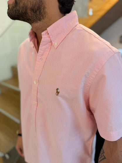 Camisa Polo R.L hombre Manga Corta Oxford Rosada Caballo Multicolor