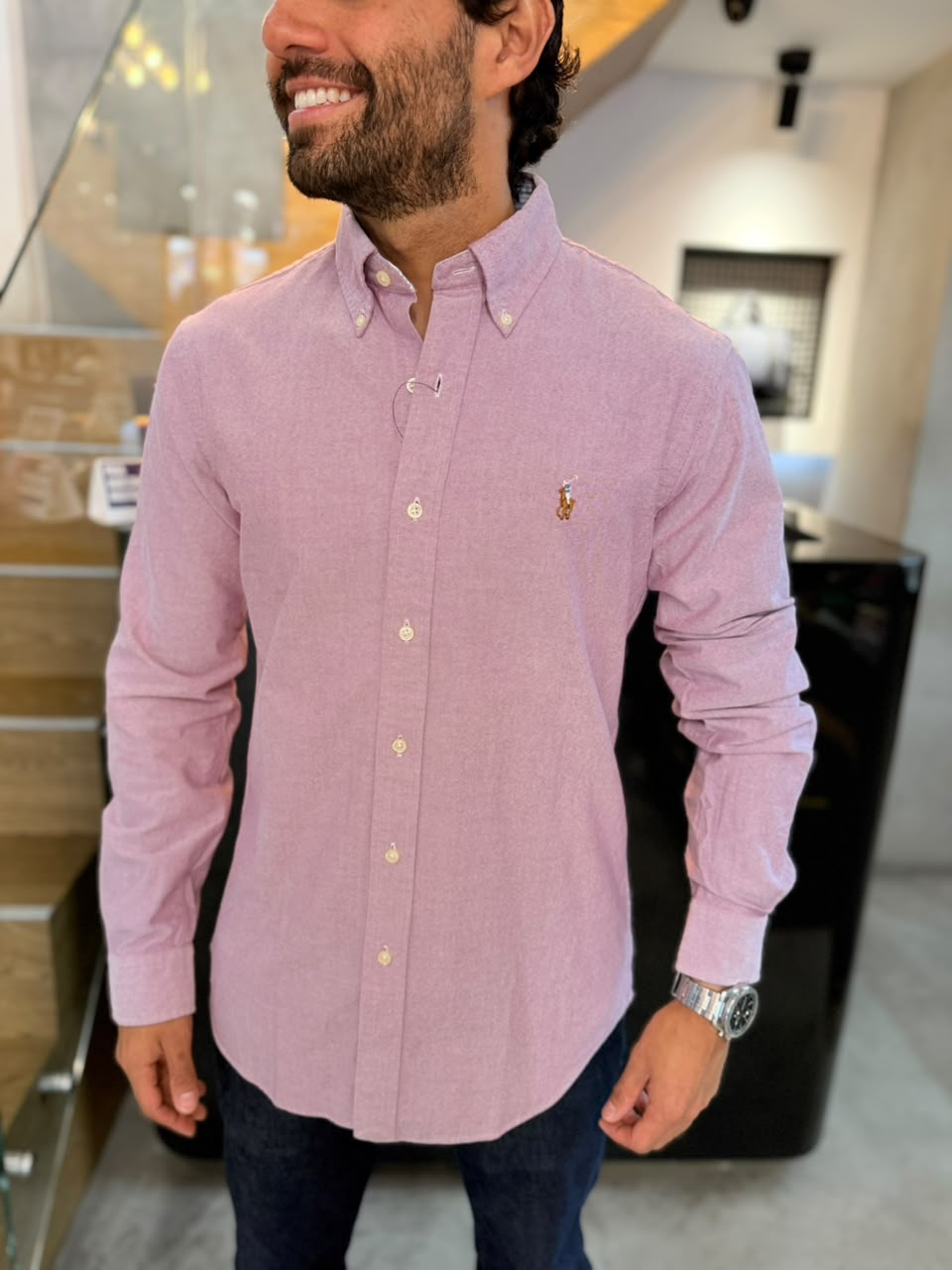 Camisa Polo R.L hombre Oxford Custom Fit  Lila Caballo Multicolor